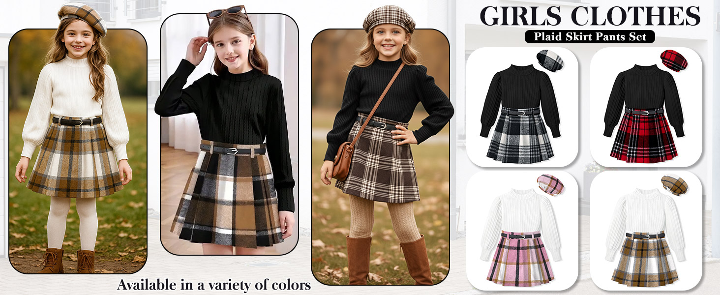Clothes For Girls 6-7-8-10-12-14 Girls Skirt Pants Dress Sets Fall Outfit Flannel Plaid Beret