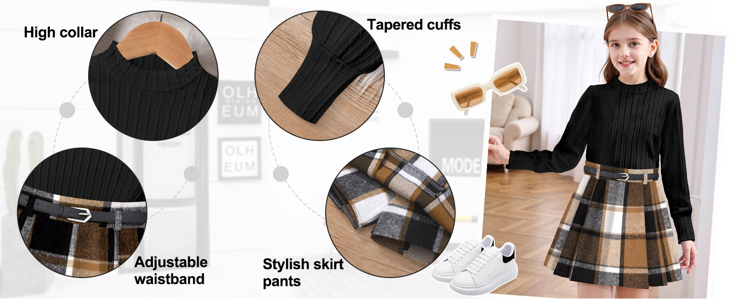 Clothes For Girls 6-7-8-10-12-14 Girls Skirt Pants Dress Sets Fall Outfit Flannel Plaid Beret