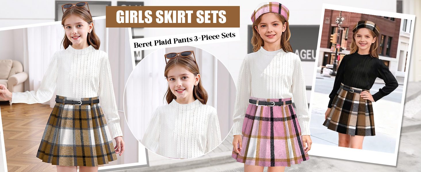 Clothes For Girls 6-7-8-10-12-14 Girls Skirt Pants Dress Sets Fall Outfit Flannel Plaid Beret