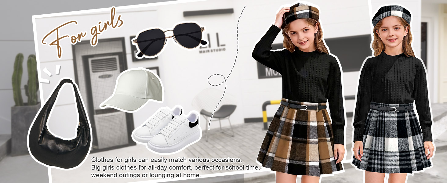 Clothes For Girls 6-7-8-10-12-14 Girls Skirt Pants Dress Sets Fall Outfit Flannel Plaid Beret