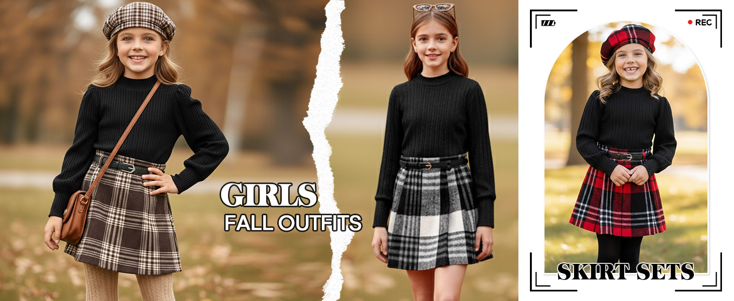 Clothes For Girls 6-7-8-10-12-14 Girls Skirt Pants Dress Sets Fall Outfit Flannel Plaid Beret