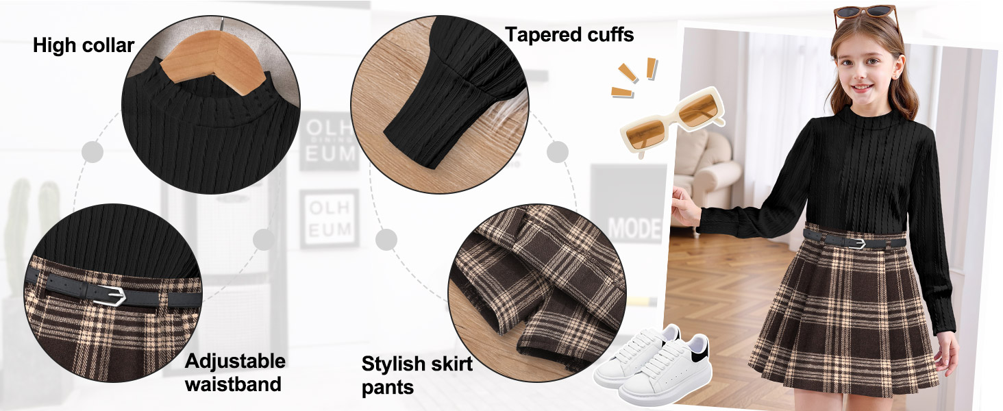 Clothes For Girls 6-7-8-10-12-14 Girls Skirt Pants Dress Sets Fall Outfit Flannel Plaid Beret